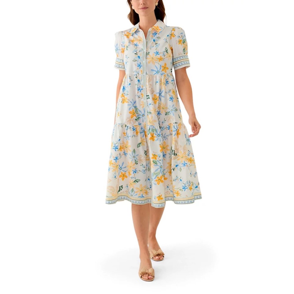 Crown & Ivy Floral Coastal English Countryside Button Front Midi Shirt Dress L